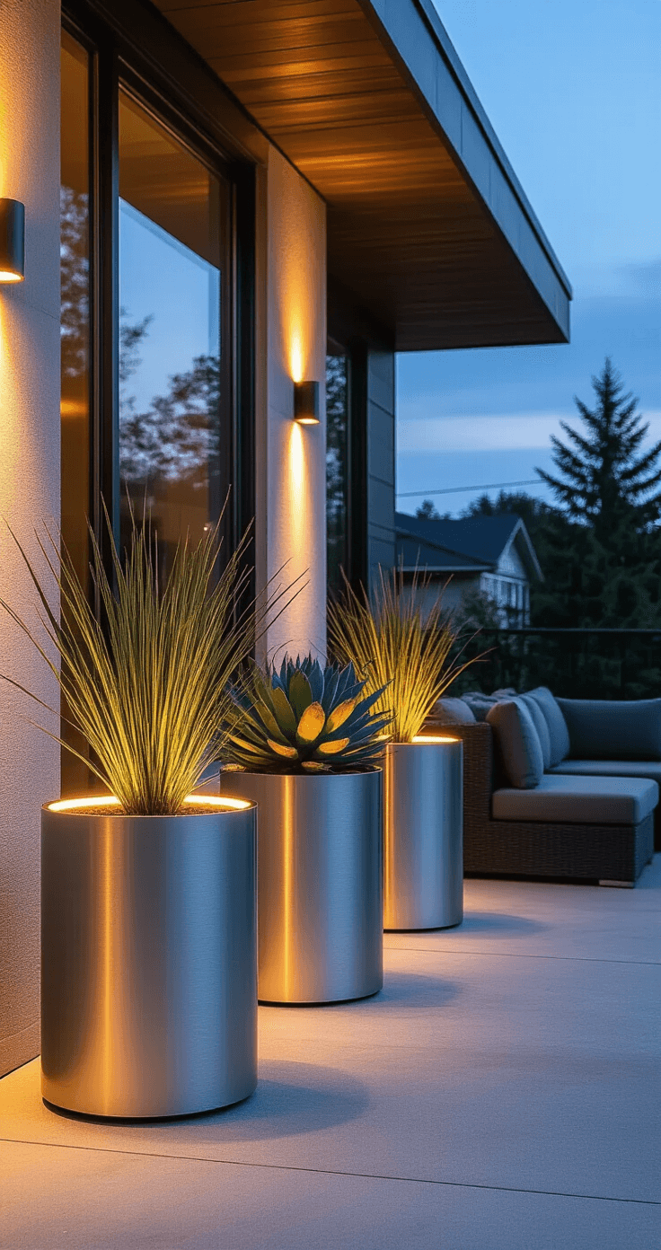 Modern Front Porch Planters That'll Make Your Neighbors Actually Stop and Stare Atmospheric portrait of a contemporary porch at twilight featuring asymmetrically arranged cylindrical brushed aluminum planters with LED strip lighting, illuminating succulents and grasses, alongside a modern charcoal outdoor sectional.