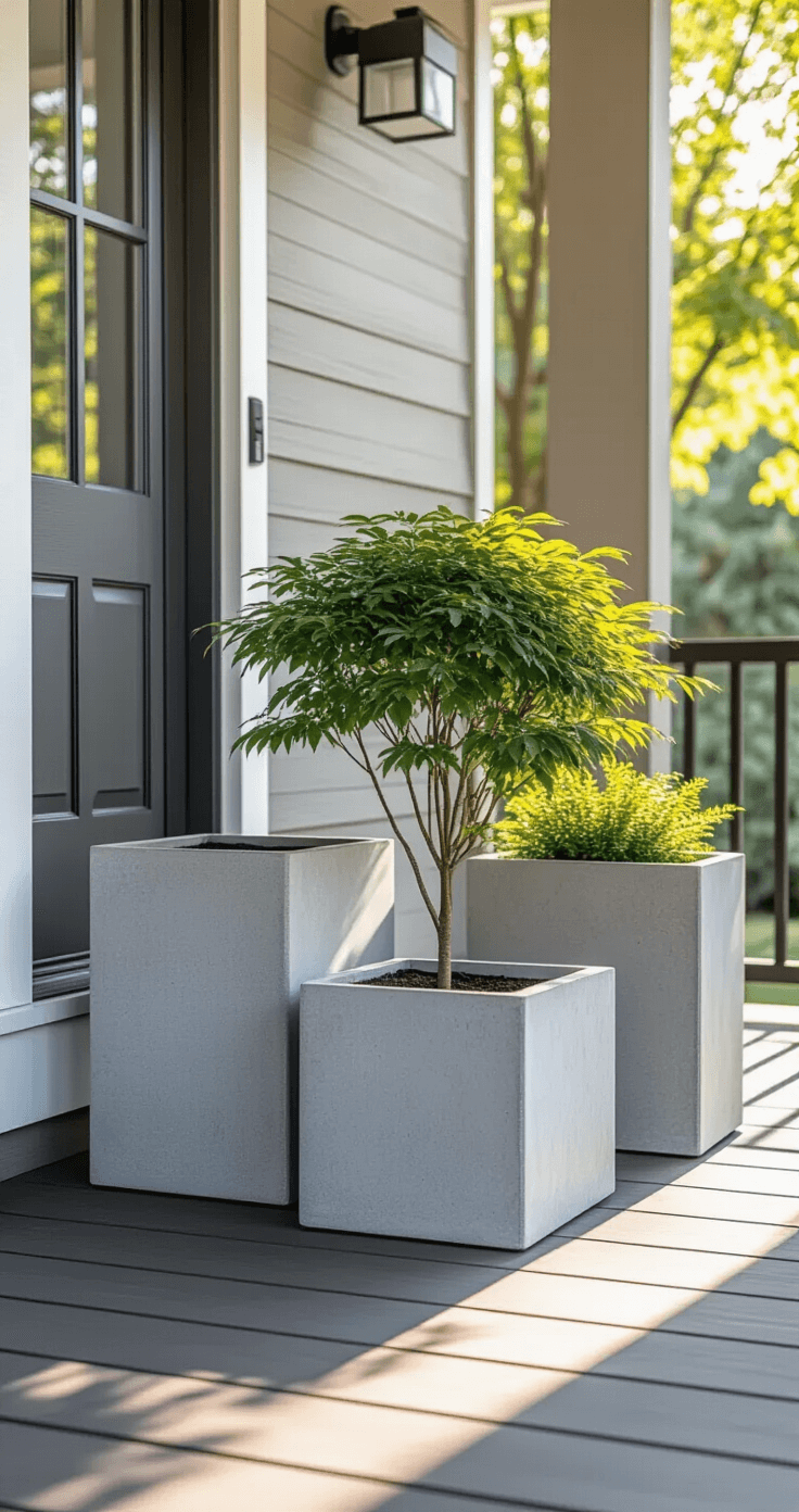 Modern Front Porch Planters That'll Make Your Neighbors Actually Stop and Stare Bright morning photograph of a small urban front porch featuring modern rectangular fiber-reinforced concrete planters in various sizes, with a Japanese maple in the largest planter near the door, complemented by medium and small planters, all illuminated by crisp lighting that enhances their natural gray tones and textures against dark wood decking and a simple modern railing.