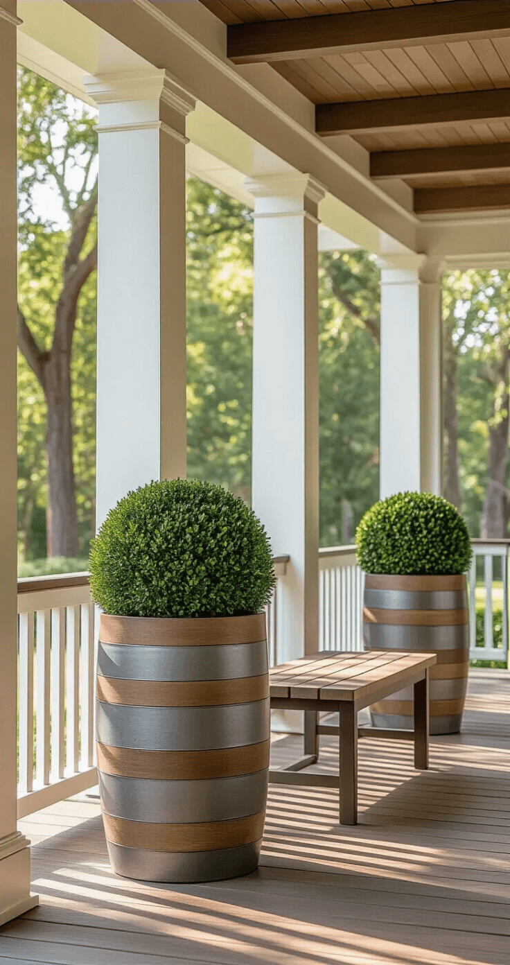 Modern Front Porch Planters That'll Make Your Neighbors Actually Stop and Stare Elegant covered porch entrance featuring tall teak and aluminum hybrid planters with boxwood topiaries, warm wood flooring, and soft afternoon light.