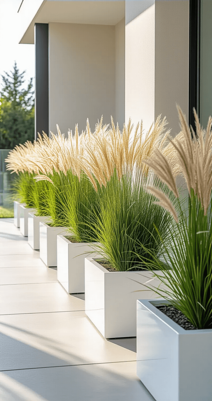 Modern Front Porch Planters That'll Make Your Neighbors Actually Stop and Stare Modern porch featuring five white resin planters with ornamental grasses, casting dramatic shadows on pale concrete flooring, framed by glass railings and steel posts.