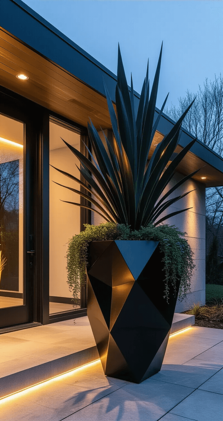 Modern Front Porch Planters That'll Make Your Neighbors Actually Stop and Stare Moody evening photograph of a contemporary entryway featuring a large diamond-faceted black fiberglass planter filled with architectural plants, illuminated by warm porch lighting, with LED path lighting highlighting a textured concrete approach amidst contrasting light and shadow.