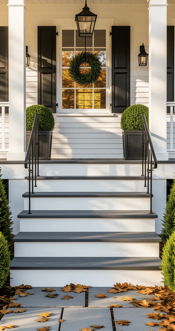 Farmhouse Front Porch Steps: Transform Your Entryway Into a Showstopper Photorealistic exterior view of a farmhouse front porch with white painted risers and charcoal gray treads, framed by cedar planters with boxwood shrubs, capturing golden hour light, long shadows on weathered wood, and subtle dew reflections.