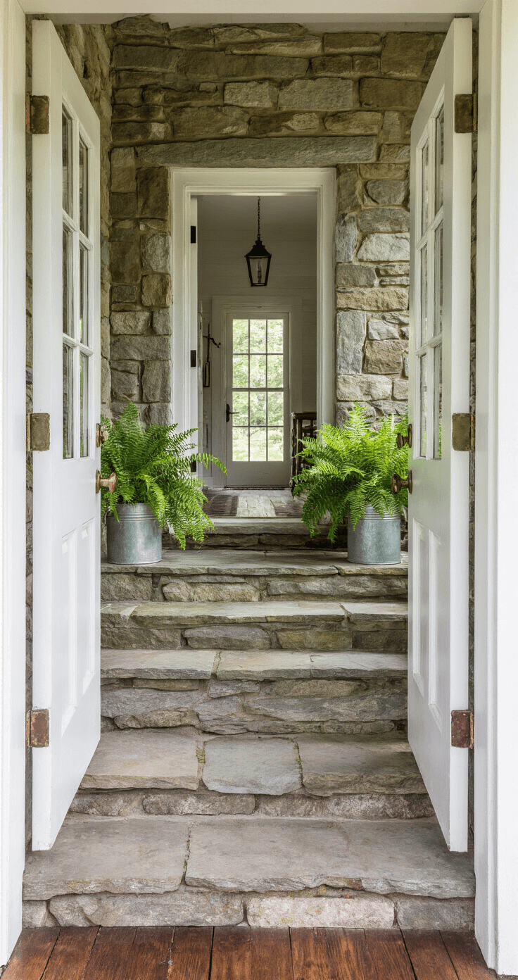 Farmhouse Front Porch Steps: Transform Your Entryway Into a Showstopper Interior view through an open farmhouse door showcasing stacked stone porch steps with moss, wide-angle perspective highlights the contrast between dark hardwood floors and bright stonework, featuring antique brass door hardware and potted ferns in galvanized metal containers.
