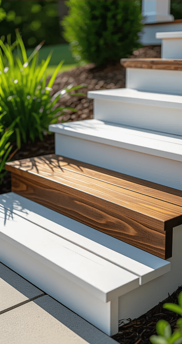 Farmhouse Front Porch Steps: Transform Your Entryway Into a Showstopper Close-up detail of hybrid wood and concrete farmhouse steps, featuring walnut-stained pressure-treated lumber treads, painted white risers with a semi-gloss finish, and a black metal boot scraper, showcasing precise construction and seamless material transitions.
