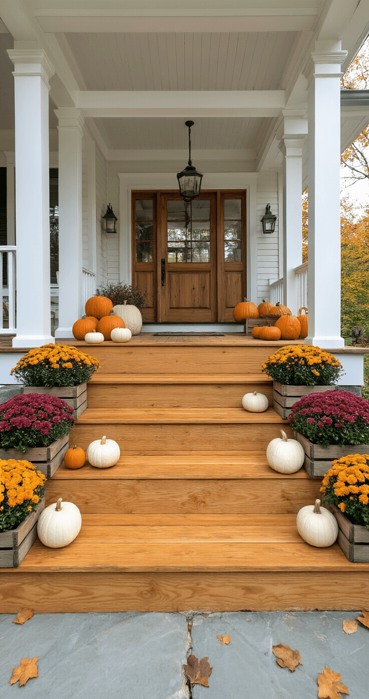 Farmhouse Front Porch Steps: Transform Your Entryway Into a Showstopper Wide shot of a farmhouse entrance featuring untreated cedar steps with rich honey and amber tones, under soft morning light. The large wraparound porch with white columns complements the warm wood accents, adorned with clusters of orange and white pumpkins and burgundy mums in rustic crates. A stone pathway leads to the steps, showcasing the natural patina and weathered characteristics of the cedar.