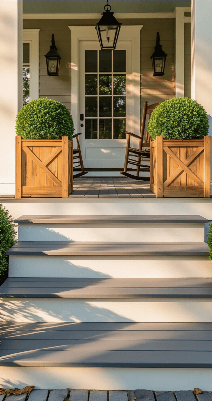 Farmhouse Front Porch Steps: Transform Your Entryway Into a Showstopper Dramatic low-angle view of a farmhouse porch with two-tone steps, flanked by cedar planter boxes with manicured boxwood spheres, capturing warm golden hour light and striking shadows.