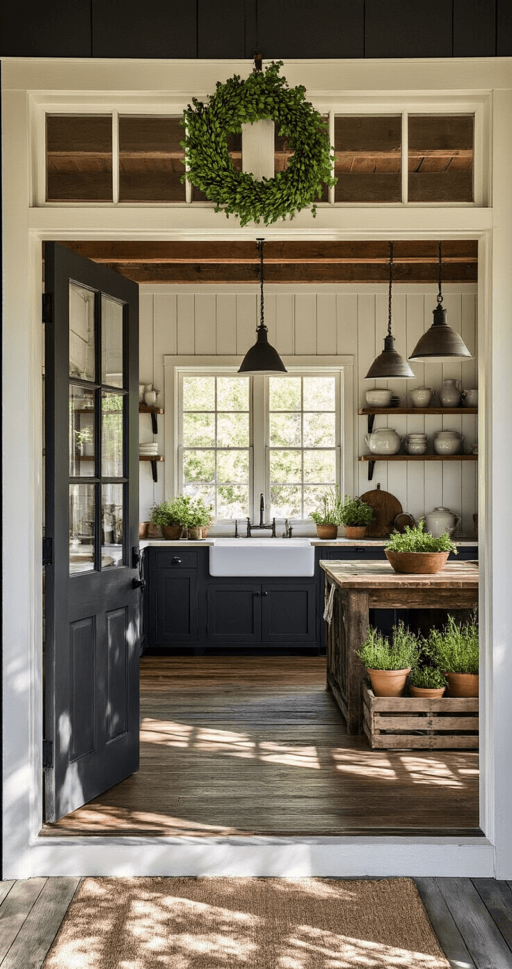 Rustic Farmhouse with Wrap-Around Porch: Your Complete Design Guide Interior view of a rustic farmhouse kitchen through a deep charcoal Dutch-style front door, featuring a reclaimed wood island, white farmhouse sink, and vintage crockery on open shelves, with morning sunlight illuminating the space and creating texture contrasts among materials.