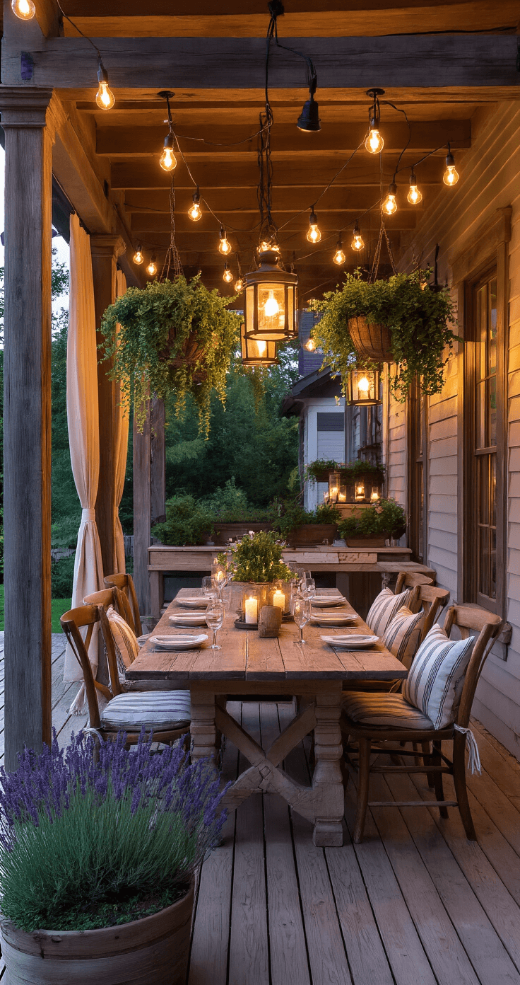 Rustic Farmhouse with Wrap-Around Porch: Your Complete Design Guide Atmospheric evening dining scene on a wrap-around porch with Edison bulb string lights, a weathered wooden farm table for six surrounded by mismatched vintage chairs, oversized lanterns with LED candles, trailing ivy in hanging baskets, and natural linen outdoor curtains, all cast in moody twilight lighting.