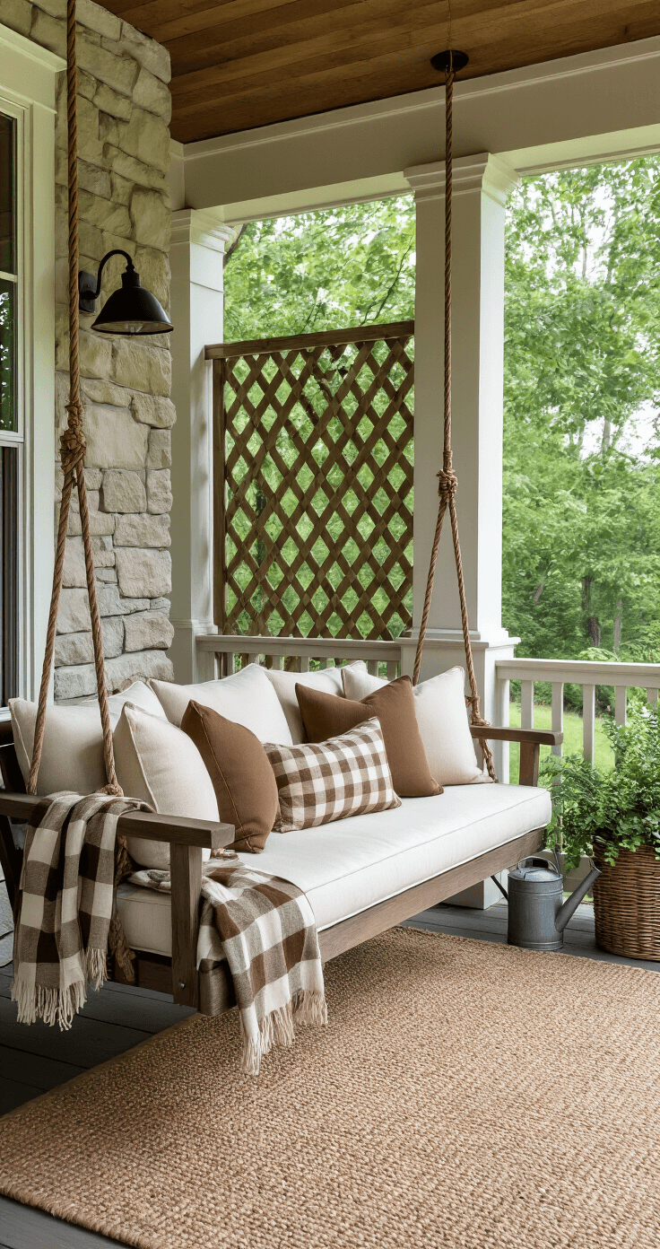 Rustic Farmhouse with Wrap-Around Porch: Your Complete Design Guide Cozy reading nook on a north-facing porch featuring a suspended wooden swing with cream and tobacco brown cushions, a buffalo check throw, weathered basket for linens, and farmhouse sconces. Bamboo screening provides privacy, while a sisal rug and vintage watering can enhance the natural aesthetic under a reclaimed barn wood ceiling. Soft afternoon light casts dappled shadows on the space.