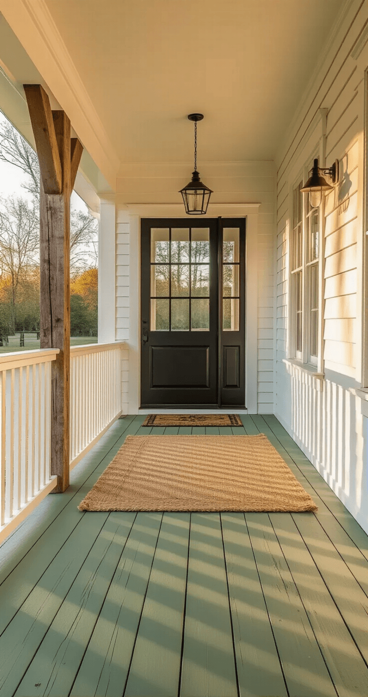 How to Create a Farmhouse Front Porch That Makes Everyone Want to Stay Photorealistic wide-angle view of a cozy farmhouse front porch during golden hour, featuring weathered sage green floorboards, white railings, reclaimed barn beam posts, a matte black front door, and layered rugs; warm sunlight casting shadows on textured surfaces.