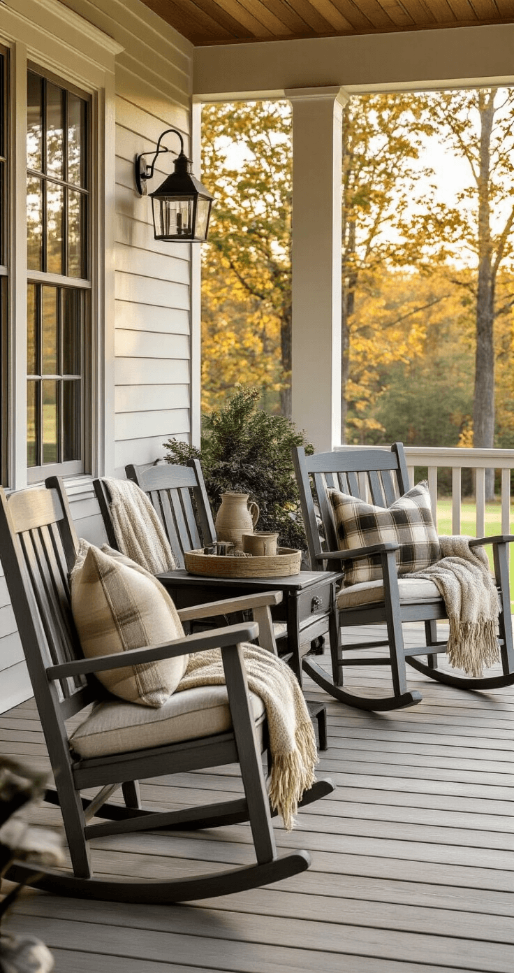 How to Create a Farmhouse Front Porch That Makes Everyone Want to Stay Professional interior photography of a farmhouse porch featuring oversized weathered gray rocking chairs, a dark walnut bench, and vintage accessories on a side table, all bathed in warm golden hour light.