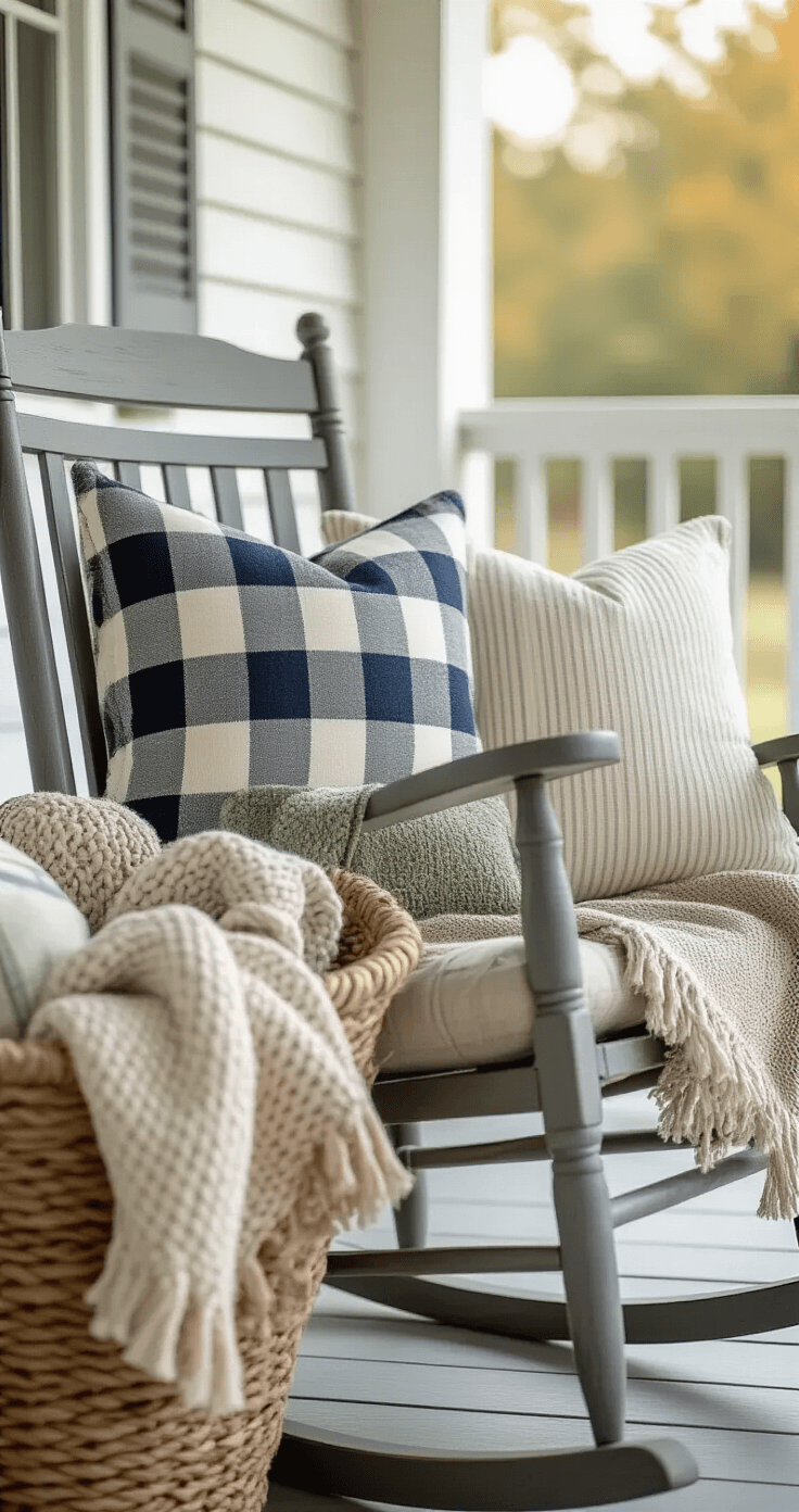 How to Create a Farmhouse Front Porch That Makes Everyone Want to Stay Close-up of a weathered rocking chair adorned with layered farmhouse textiles, featuring a navy and cream buffalo check throw, ticking stripe pillow covers, and muted floral cushions in sage and cream, set against soft morning light on painted wooden floorboards. A woven basket filled with thick knit blankets adds to the cozy ambiance, highlighting rich textures and patterns.