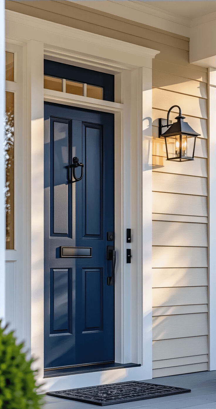 Transform Your Tiny Front Porch Without Emptying Your Wallet Photorealistic image of a front porch featuring a freshly painted deep navy blue door with matte black hardware, accented by white trim and cream siding, illuminated by golden hour lighting and a brushed metal light fixture above.
