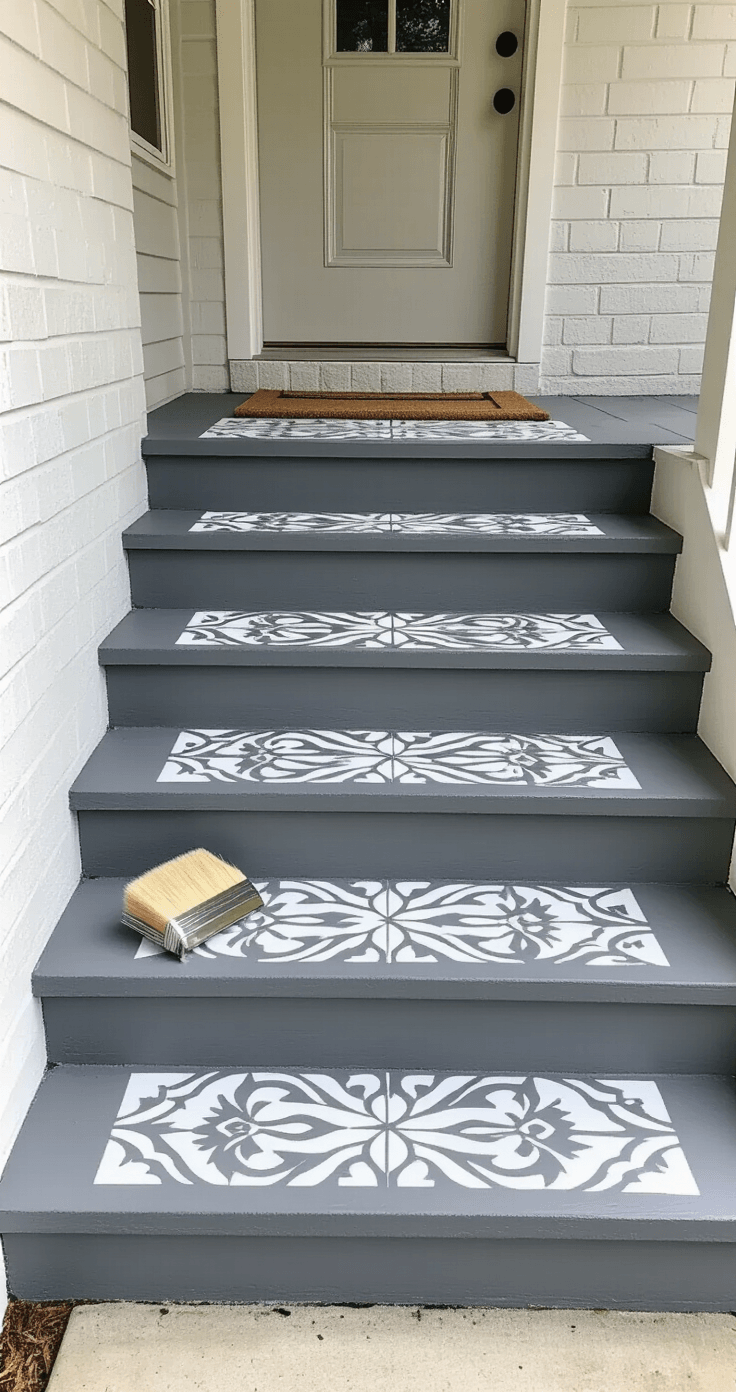 Transform Your Tiny Front Porch Without Emptying Your Wallet Dramatic before-and-after shot of a concrete porch with freshly painted charcoal gray steps and a decorative stenciled border, showcasing a geometric tile pattern in white and gray under bright midday lighting, with textured limewash finish on side walls, emphasizing a European farmhouse aesthetic.
