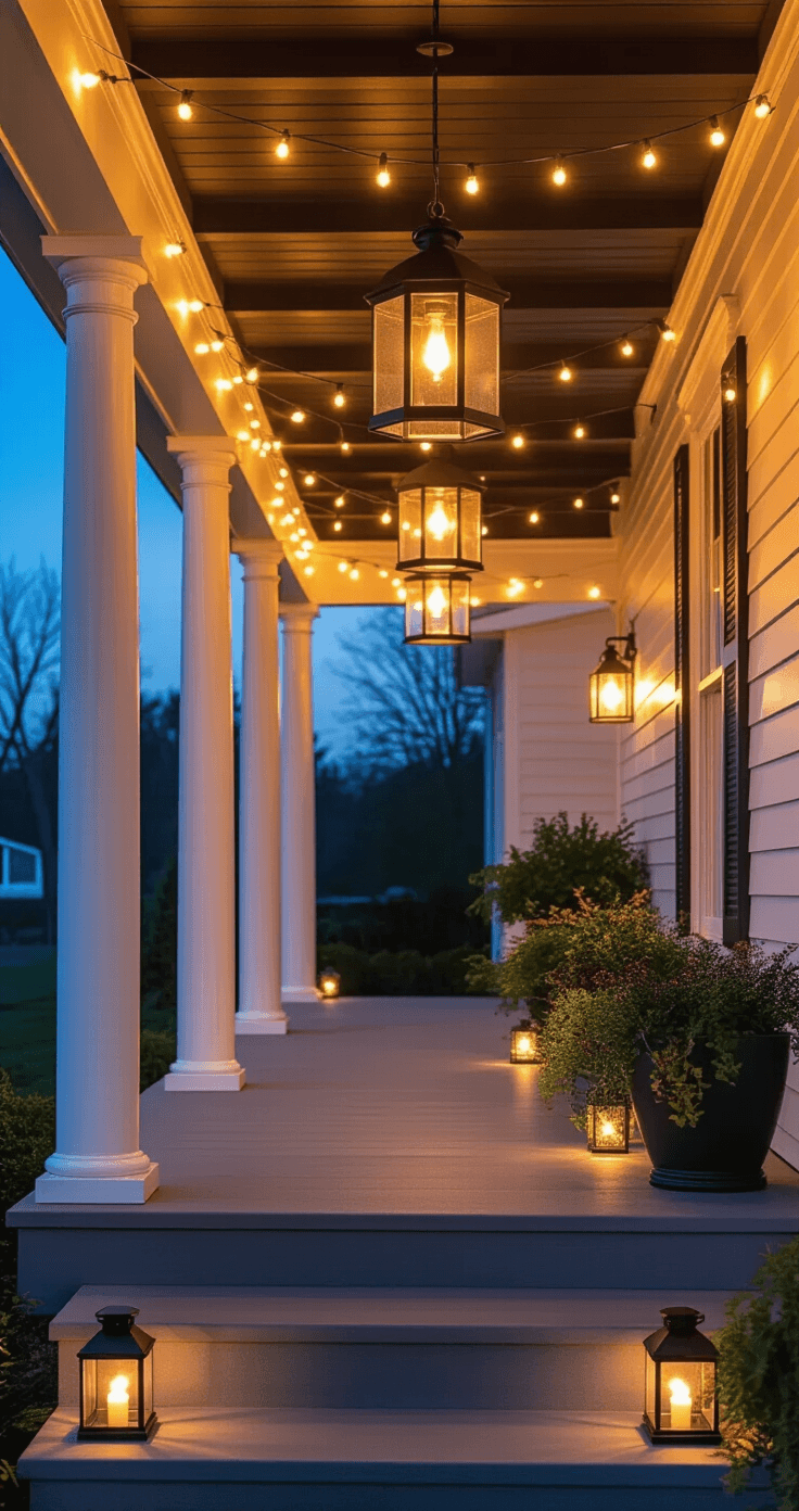 Transform Your Tiny Front Porch Without Emptying Your Wallet Cozy evening front porch scene featuring layered outdoor lighting with a modern pendant lantern, warm white string lights, and solar spotlights illuminating planters, set against a backdrop of white columns and dark wood beams under a deep blue twilight sky.