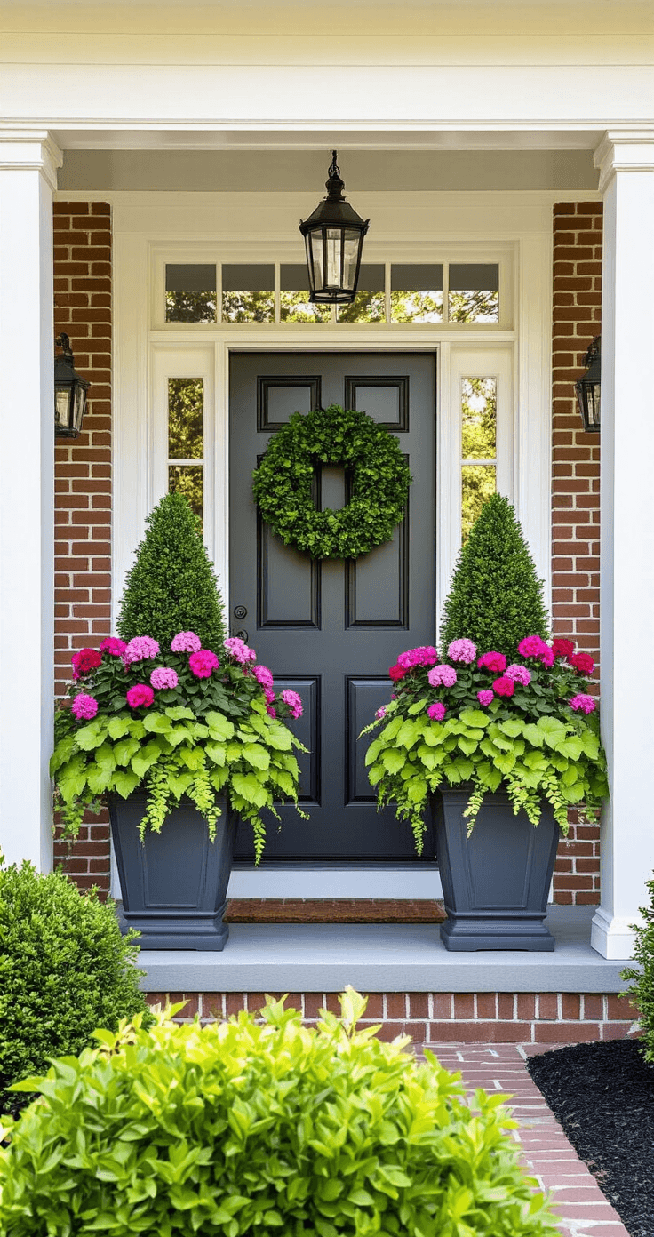 Transform Your Tiny Front Porch Without Emptying Your Wallet Symmetrical front door entrance with oversized charcoal gray planters, featuring tall boxwood topiaries, colorful geraniums, and trailing sweet potato vine, set in full sun under bright morning lighting.
