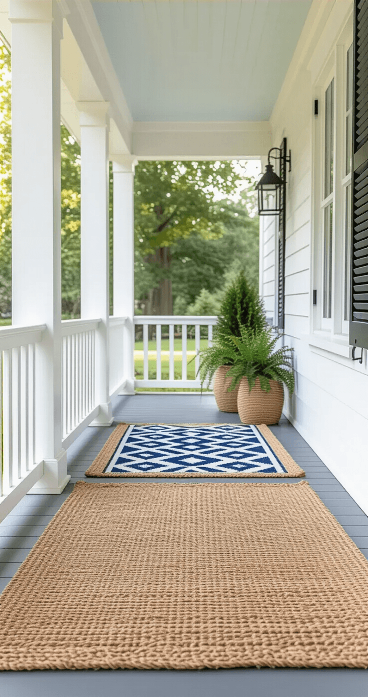 Transform Your Tiny Front Porch Without Emptying Your Wallet Welcoming front porch showcasing layered outdoor rugs with a large neutral jute rug as the base and a colorful geometric welcome mat on top, featuring painted white wood floors and columns, illuminated by soft afternoon light.