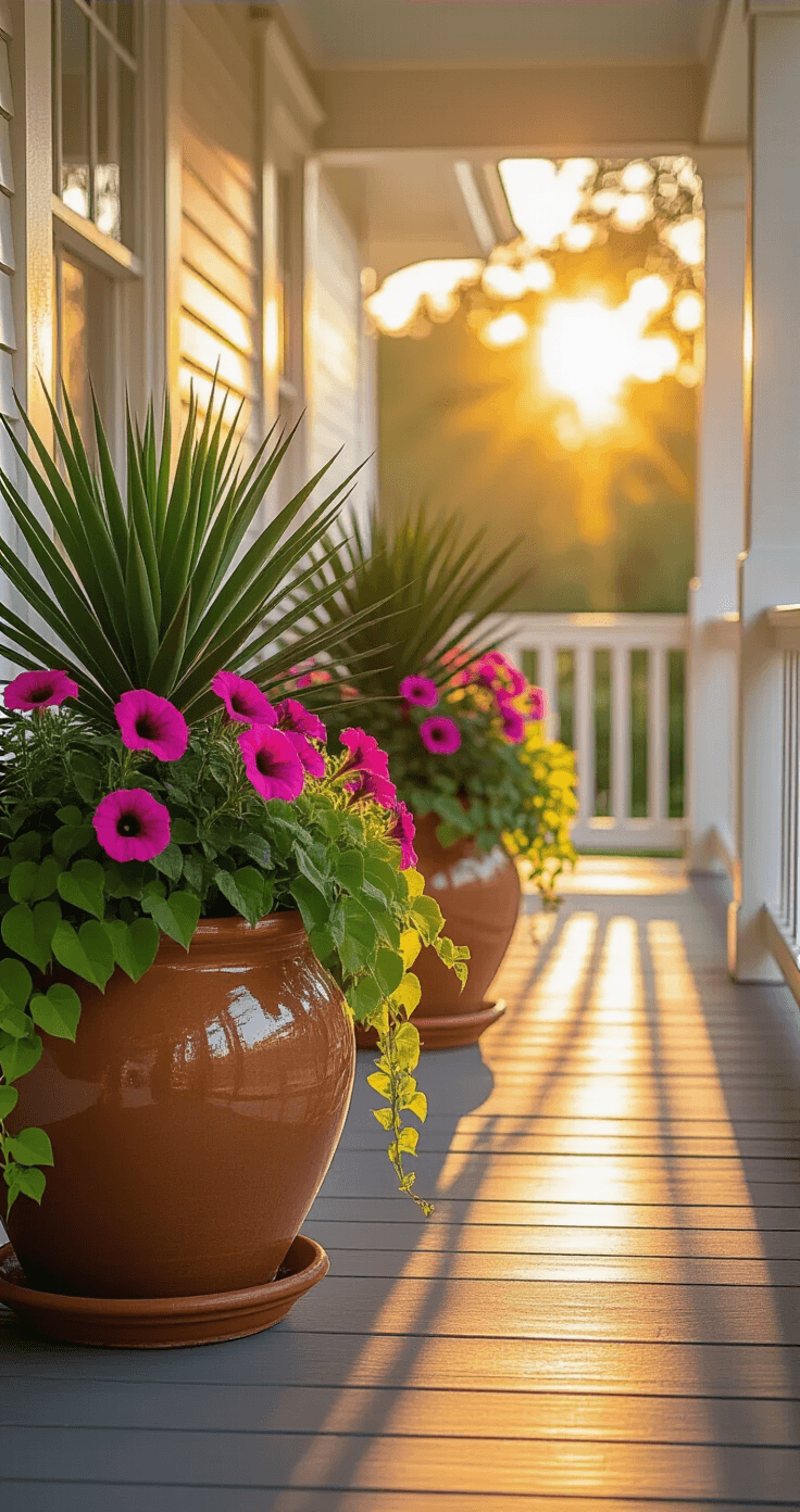 Summer Front Porch Planters That'll Make Your Neighbors Jealous (Even If You Can't Keep a Cactus Alive) Wide-angle view of a sun-drenched porch at golden hour, featuring large ceramic planters with spiky yucca plants surrounded by vibrant pink and purple petunias and cascading lime green sweet potato vines, all on natural wood flooring with white railings casting soft shadows, illuminated by warm amber sunlight filtering through overhead beams.