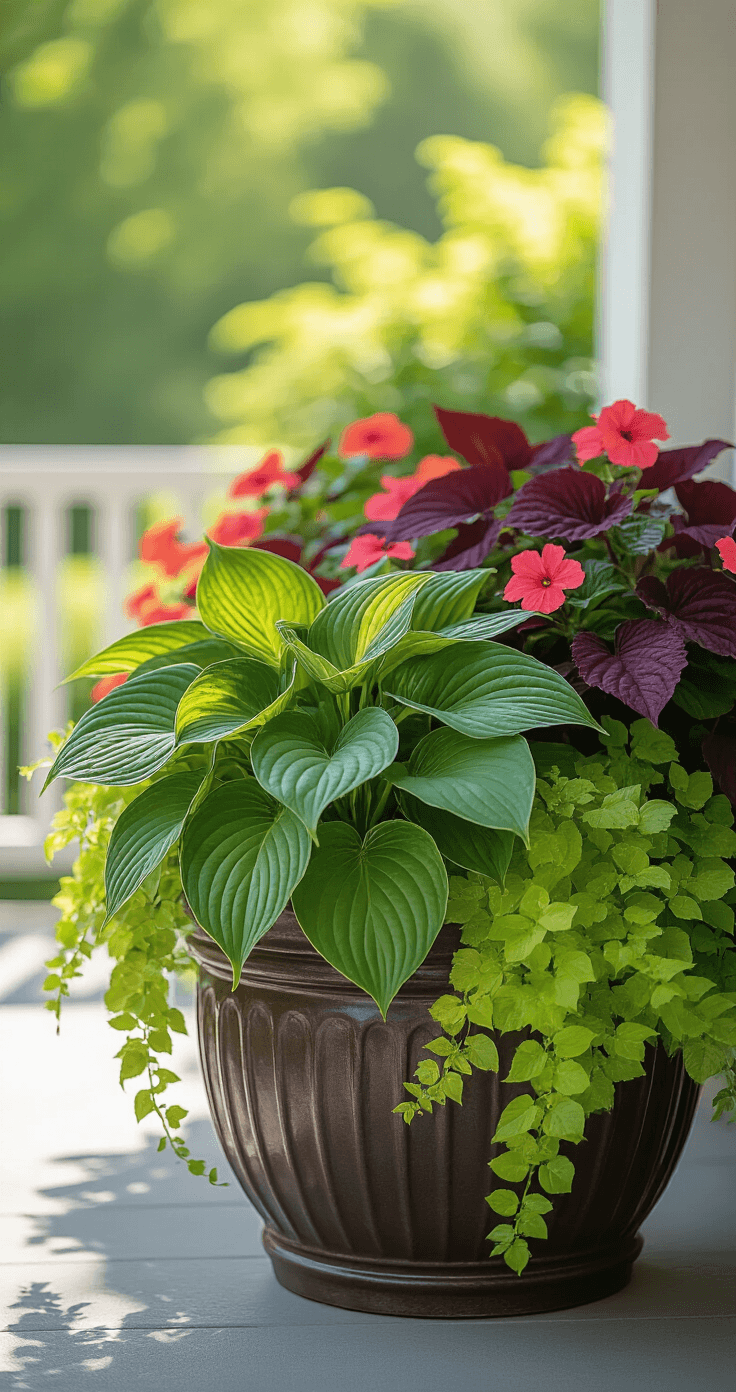 Summer Front Porch Planters That'll Make Your Neighbors Jealous (Even If You Can't Keep a Cactus Alive) Close-up of shaded porch planters in morning light featuring 'Guacamole' hostas with chartreuse and green variegated leaves, burgundy coral bells with ruffled foliage, bright chartreuse creeping Jenny trailing over bronze planters, and coral pink impatiens, with dappled light creating gentle shadows on the textured arrangement.