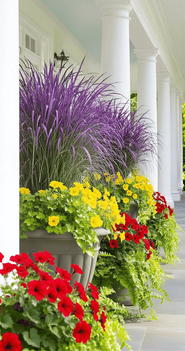 Summer Front Porch Planters That'll Make Your Neighbors Jealous (Even If You Can't Keep a Cactus Alive) A vibrant porch scene in afternoon sunlight, featuring symmetrical outdoor planters with towering purple fountain grass, dense red geraniums, and yellow million bells, complemented by cascading lime green sweet potato vines. White porch columns and railings contrast against natural stone flooring, enhancing the bold color palette.