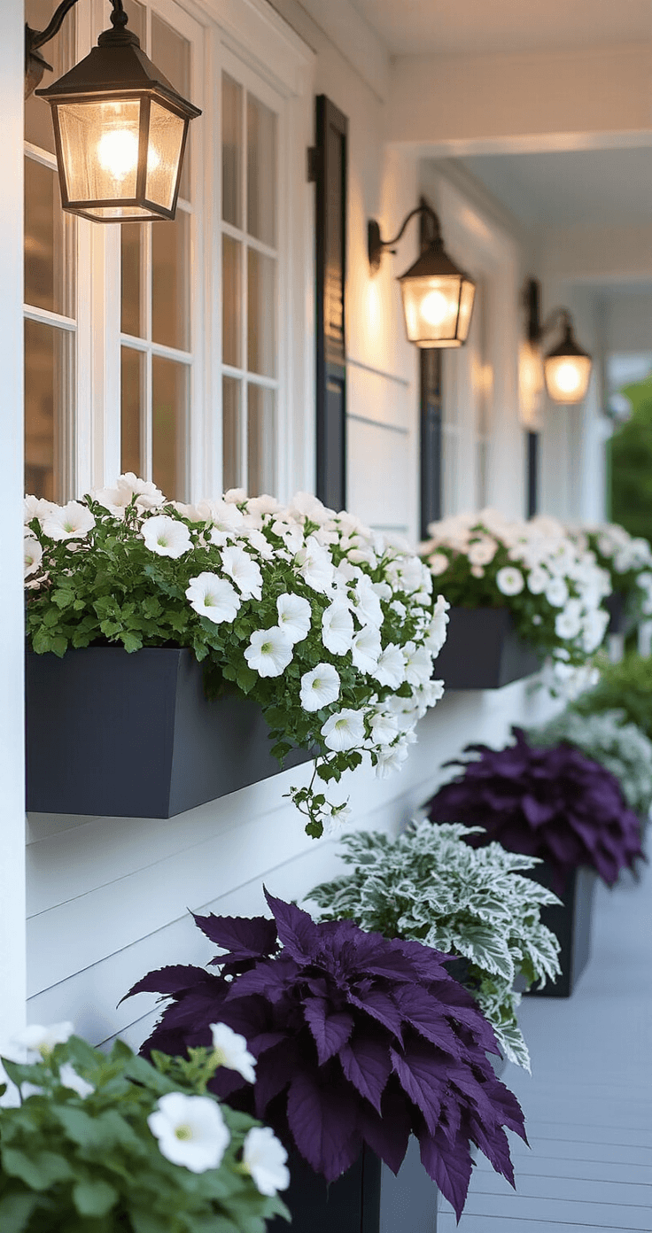 Summer Front Porch Planters That'll Make Your Neighbors Jealous (Even If You Can't Keep a Cactus Alive) Sophisticated evening scene featuring coordinated porch planters and window boxes with an all-white flower theme, including white petunias, begonias, and million bells, accented by silvery dusty miller and deep purple coleus. Dark charcoal planter boxes mounted on white window frames, softly illuminated by warm porch lighting against a moody twilight background.