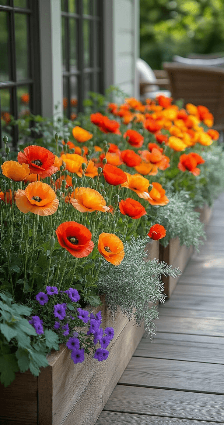 Summer Front Porch Planters That'll Make Your Neighbors Jealous (Even If You Can't Keep a Cactus Alive) Vibrant mid-morning outdoor scene featuring large planter boxes overflowing with light orange, red, and dark yellow poppies, intertwined with delicate clematis vines, silvery dusty miller, and eucalyptus. Purple verbena trails over weathered wooden box edges on a natural wood deck, with comfortable outdoor furniture in the background. Bright lighting emphasizes the textures of the flowers and foliage.