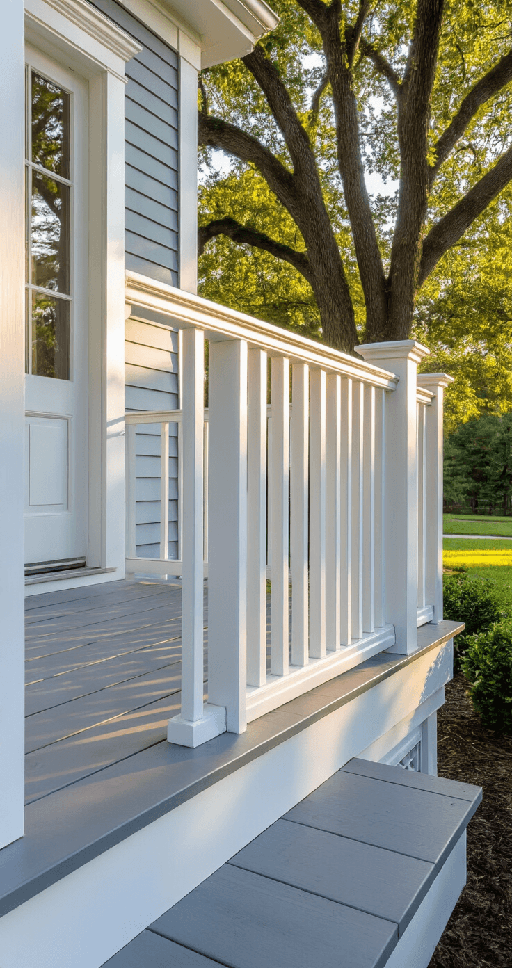 The Simplest Porch Railing Ideas That Won't Make You Want to Pull Your Hair Out A welcoming front porch of a traditional colonial-style home, featuring classic white vertical spindle railings and a gray composite deck, illuminated by warm amber sunlight filtering through oak trees, with rhythmic shadows and soft blue-gray siding.