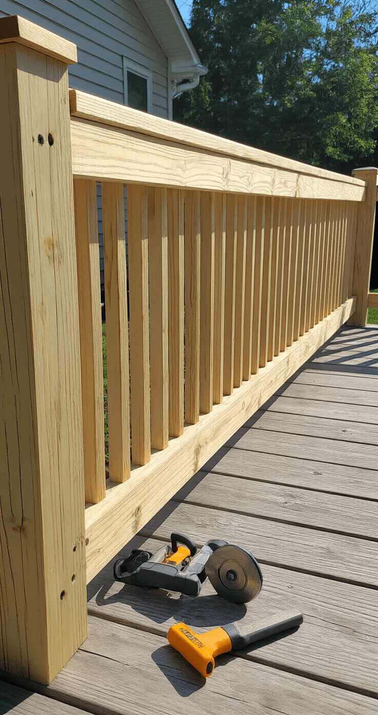 The Simplest Porch Railing Ideas That Won't Make You Want to Pull Your Hair Out DIY deck railing project with pressure-treated lumber in morning light, featuring natural wood tones, 32-inch balusters, and workshop tools nearby, showcasing craftsmanship and organized tools in a suburban backyard setting.