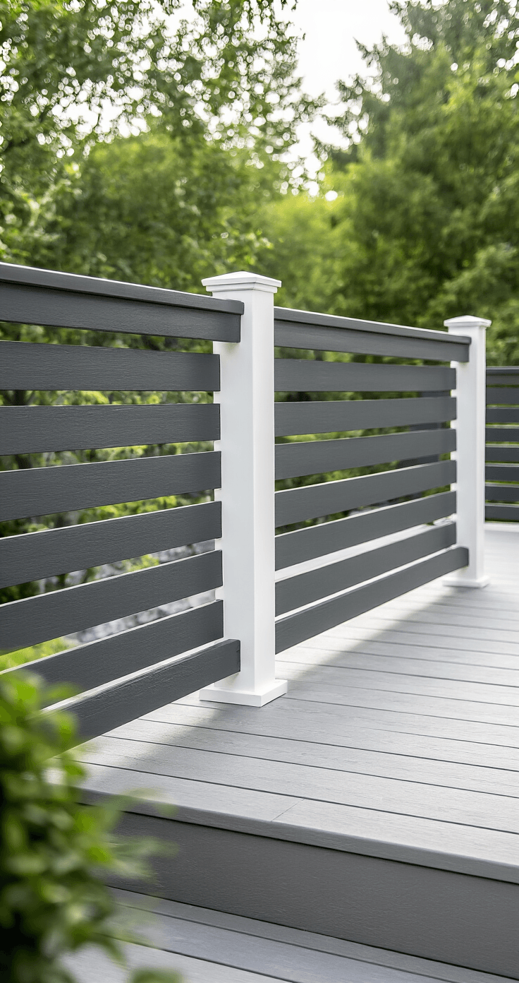 The Simplest Porch Railing Ideas That Won't Make You Want to Pull Your Hair Out A contemporary back deck with sleek charcoal gray horizontal railing and white posts, showcasing even midday overcast lighting and a modern architectural aesthetic.