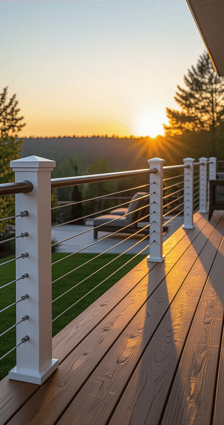 The Simplest Porch Railing Ideas That Won't Make You Want to Pull Your Hair Out Upscale deck featuring a minimalist cable railing system with unobstructed sunset views, showcasing stainless steel cables and white-painted posts anchored to rich mahogany decking.