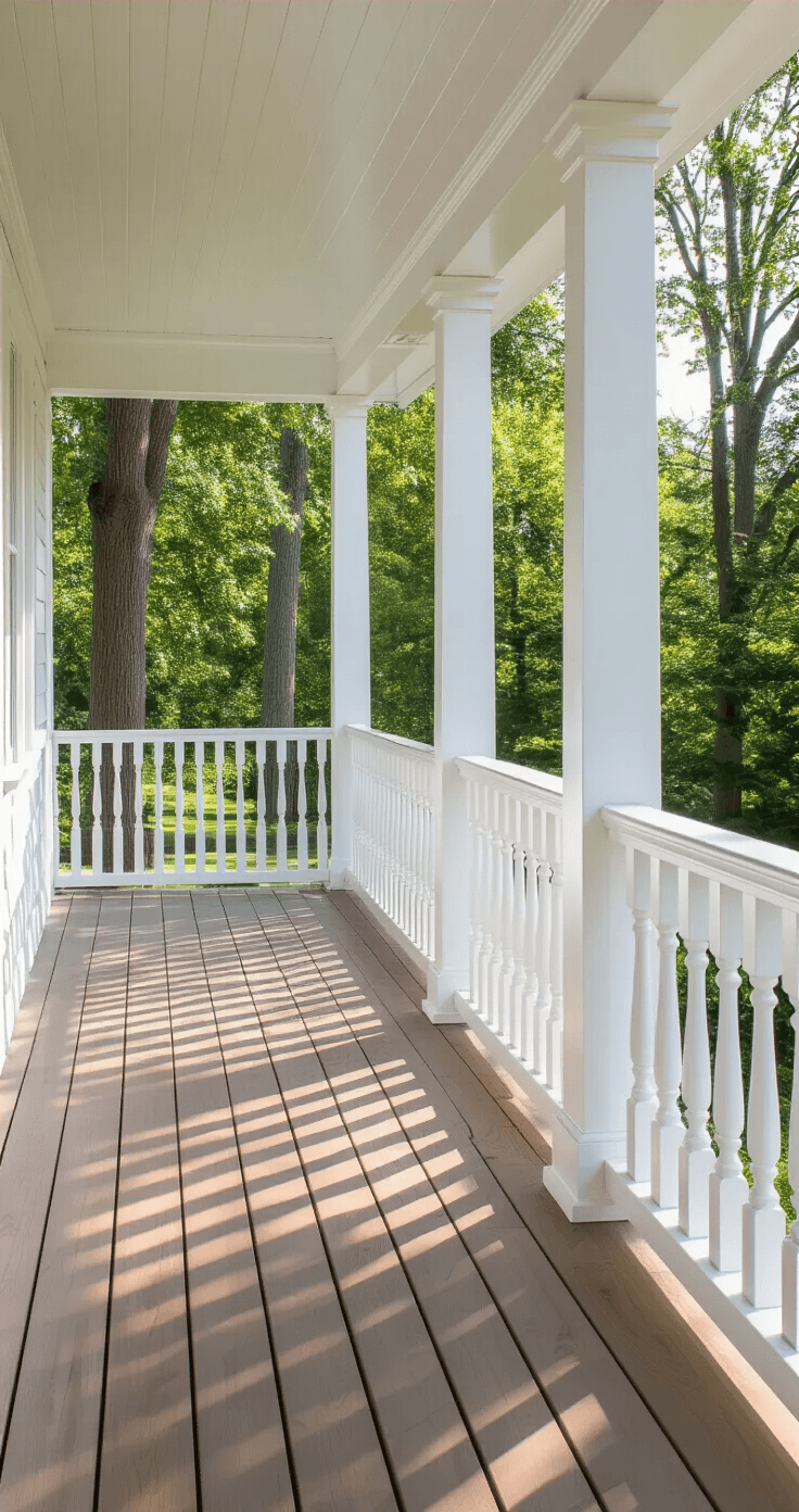 The Simplest Porch Railing Ideas That Won't Make You Want to Pull Your Hair Out A classic farmhouse front porch with white spindle railings and posts, illuminated by soft morning light, showcasing natural wood flooring and a welcoming entrance from a visitor's perspective.