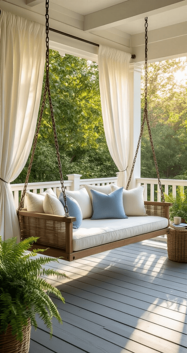 Outdoor Hanging Bed Swings: Everything You Need to Know Before You Buy A spacious covered porch with an elegant cedar hanging bed swing adorned with cream-colored cushions and soft blue throw pillows, illuminated by morning light filtering through white gauze curtains, surrounded by potted ferns and a small side table, creating a serene and inviting atmosphere.