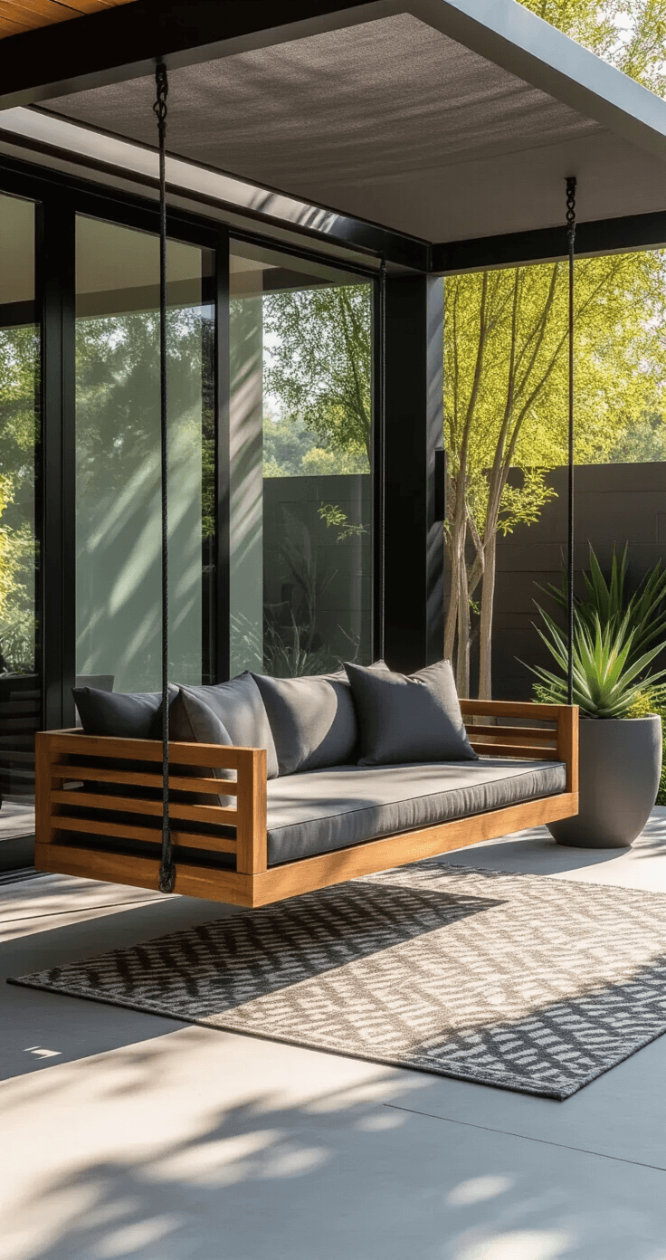 Outdoor Hanging Bed Swings: Everything You Need to Know Before You Buy A modern minimalist patio featuring a low-back acacia wood swing bed with dark gray cushions under a retractable charcoal canopy, showcasing polished concrete flooring, geometric outdoor rug, sculptural planters, and floating teak side shelf, all highlighted by afternoon sunlight and dramatic shadows.