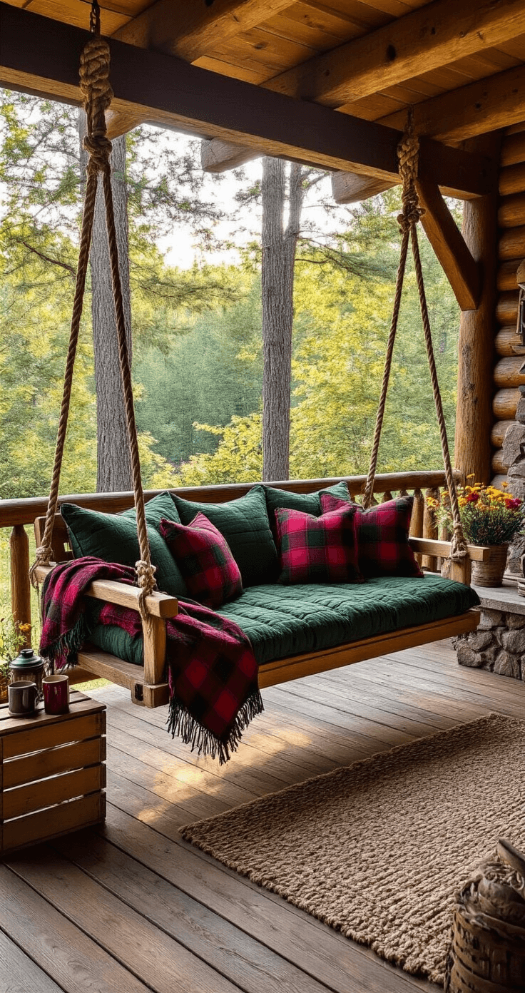 Outdoor Hanging Bed Swings: Everything You Need to Know Before You Buy A cozy rustic cabin porch featuring a handcrafted pine swing bed with quilted cushions in deep forest green and burgundy plaid, surrounded by tall pine trees and dappled afternoon light, vintage lanterns, wildflower arrangements in mason jars, and a rustic wooden crate with hot cocoa mugs.