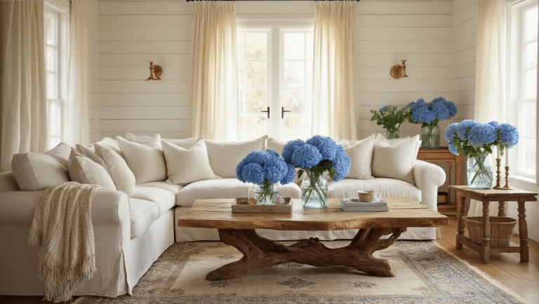 Blue Flowers: The Complete Guide to Nature's Most Coveted Garden Treasures Cottage living room with cream linen sectional sofa, rustic oak coffee table adorned with blue hydrangeas, honey-toned hardwood floors, and ambient lighting.