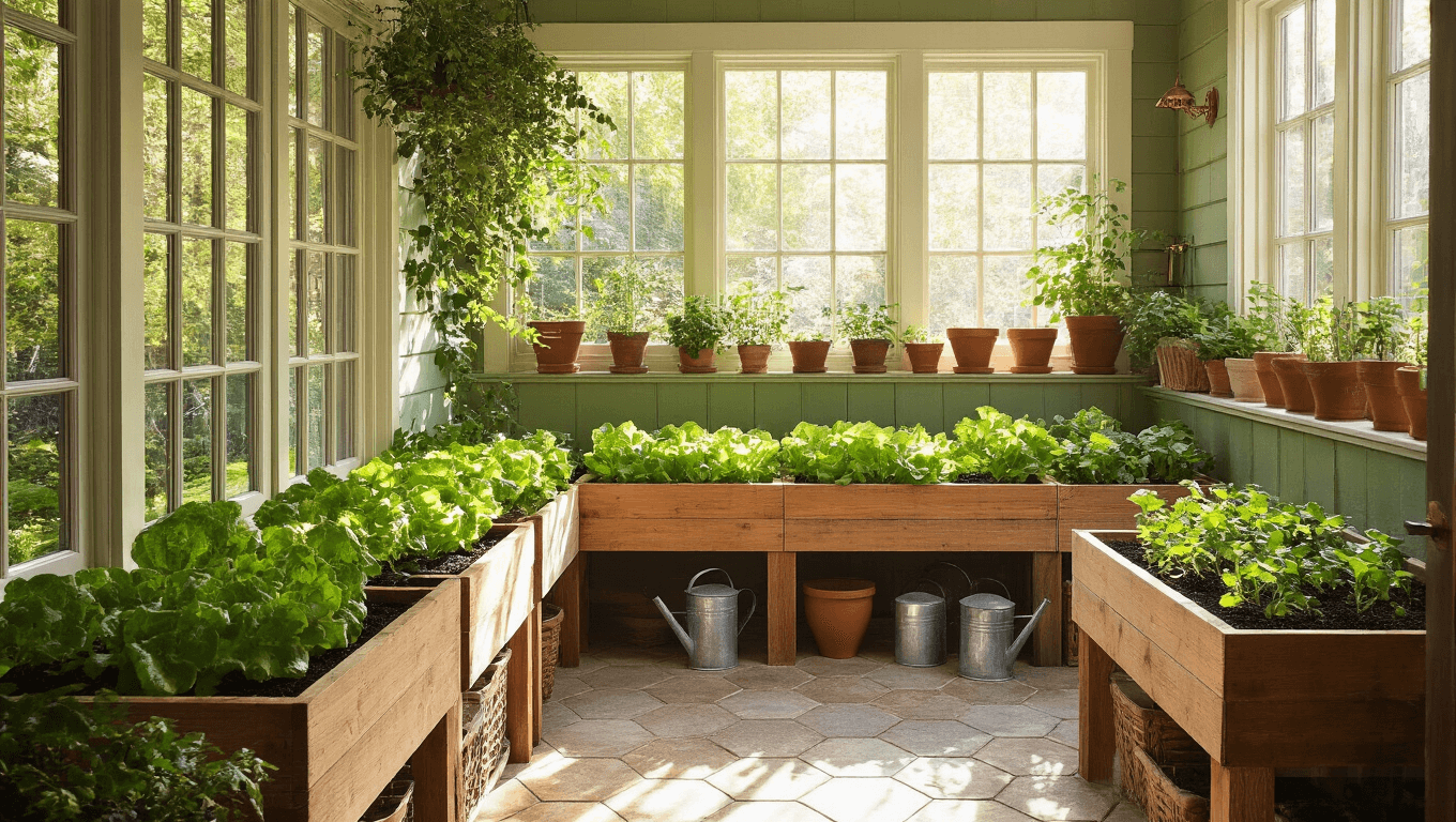 47 Home Garden Ideas That'll Make Your Neighbors Actually Stop and Stare Bright sunroom featuring wooden raised garden beds with lettuce and cherry tomato seedlings, a weathered cedar potting bench with gardening supplies, and a garden arbor with climbing clematis, all illuminated by warm golden hour sunlight casting geometric shadows on hexagonal cement tiles.