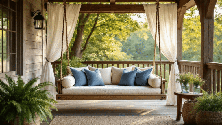 Outdoor Hanging Bed Swings: Everything You Need to Know Before You Buy Elegant cedar outdoor hanging bed swing with plush cream cushions and blue throw pillows on a covered porch, bathed in warm morning light with white gauze curtains, surrounded by potted ferns and vintage mason jars of wildflowers.