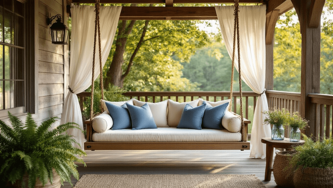Elegant cedar outdoor hanging bed swing with plush cream cushions and blue throw pillows on a covered porch, bathed in warm morning light with white gauze curtains, surrounded by potted ferns and vintage mason jars of wildflowers.