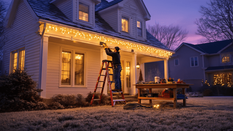 How I Learned to Install Outdoor Christmas Lights Without Burning Down My House (Or Breaking My Neck) Cinematic wide shot of a cozy two-story colonial home during golden hour, featuring warm LED Christmas lights being installed along white gutters, with a safely positioned ladder, homeowner in work gloves, organized tools on a wooden workbench, and a deep purple twilight sky enhancing the inviting winter atmosphere.