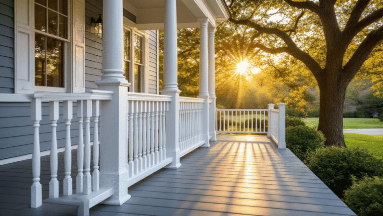 The Simplest Porch Railing Ideas That Won't Make You Want to Pull Your Hair Out Cinematic view of a welcoming colonial-style front porch with white spindle railings, gray composite decking, and warm golden hour sunlight casting shadows through oak trees, featuring soft blue-gray siding and rich wood textures.