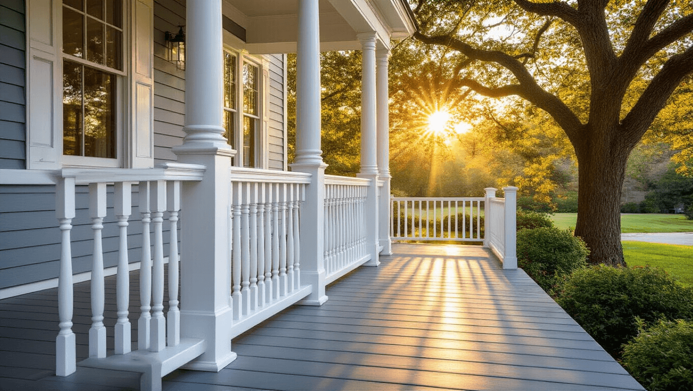 The Simplest Porch Railing Ideas That Won't Make You Want to Pull Your Hair Out Cinematic view of a welcoming colonial-style front porch with white spindle railings, gray composite decking, and warm golden hour sunlight casting shadows through oak trees, featuring soft blue-gray siding and rich wood textures.