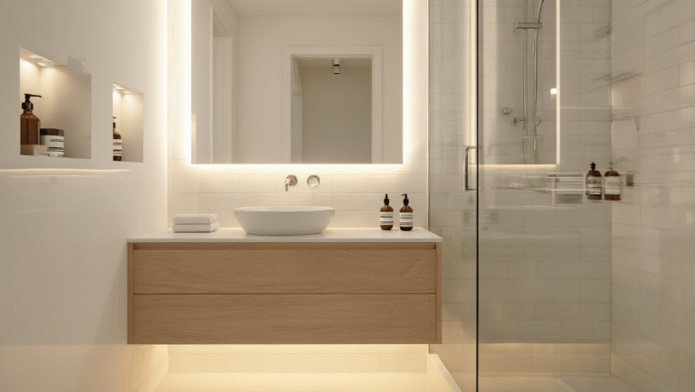 How I Learned to Make My Tiny Toilet Room Feel Twice Its Size Photorealistic compact powder room with a white oak floating vanity, vessel sink, large frameless mirror reflecting golden hour sunlight, ambient LED strip lighting, polished chrome fixtures, glossy white subway tiles, cream porcelain floors, recessed wall niches, clear glass shower panel, and Benjamin Moore Cloud White walls, captured from a low angle highlighting spacious sightlines and warm atmosphere.