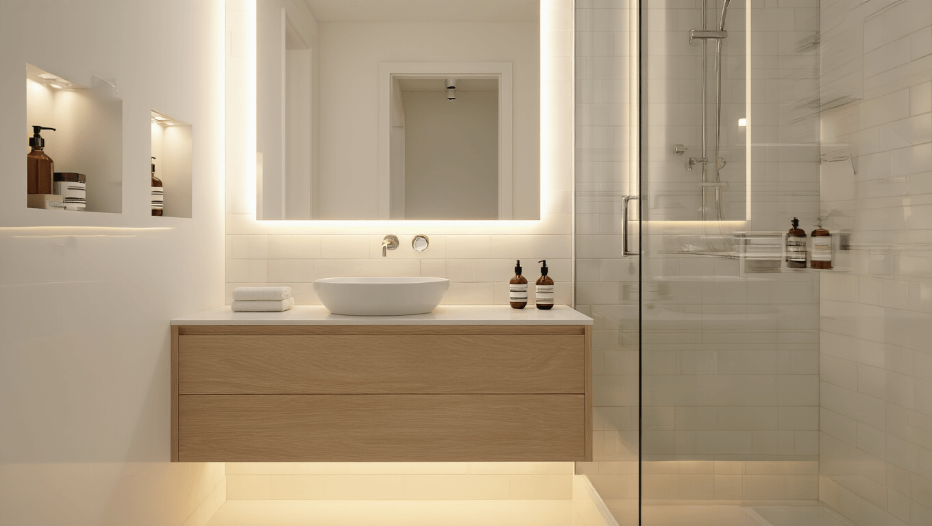 Photorealistic compact powder room with a white oak floating vanity, vessel sink, large frameless mirror reflecting golden hour sunlight, ambient LED strip lighting, polished chrome fixtures, glossy white subway tiles, cream porcelain floors, recessed wall niches, clear glass shower panel, and Benjamin Moore Cloud White walls, captured from a low angle highlighting spacious sightlines and warm atmosphere.