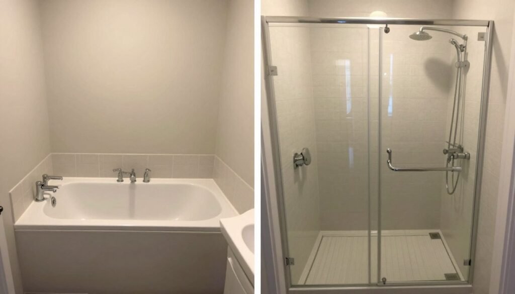 comparison of small bathroom with tub versus walk-in shower comparison of small bathroom with tub versus walk-in shower