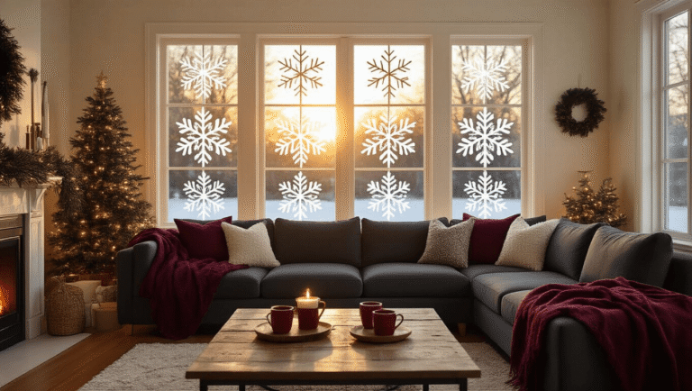 Christmas Window Art That'll Make Your Neighbors Stop and Stare Cozy living room at golden hour with large windows adorned with intricate hand-painted snowflake patterns, warm sunlight illuminating cream walls and hardwood floors, featuring a charcoal sectional sofa with burgundy throw blankets, a rustic coffee table with hot cocoa mugs, and ambient lighting creating a magical winter wonderland atmosphere.