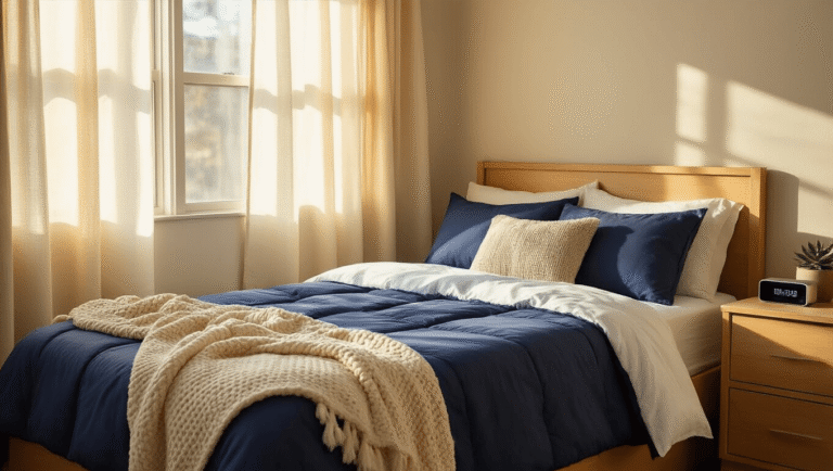 Everything You Need for Your College Dorm (And What You Can Skip) A cozy college dorm bedroom featuring a twin XL bed with a cream mattress topper and navy comforter, warm sunlight filtering through semi-sheer curtains, wooden furniture, and decorative pillows, evoking a sense of comfort and warmth.