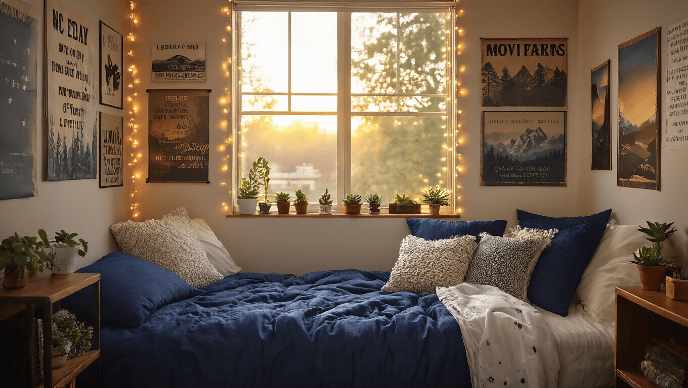 The Ultimate Guide to Dorm Posters That'll Make Your Room Actually Cool A cozy college dorm room with a twin XL bed featuring navy and white bedding, warm golden hour light illuminating a gallery wall of motivational posters, vintage movie prints, and nature landscapes, accented by soft string lights and small succulents on a wooden shelf, creating an inviting and personalized atmosphere.