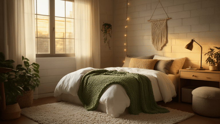 How to Transform Your Dorm Room Into the Coziest Space on Campus Cozy dorm room interior featuring a twin XL bed with white sheets and a chunky sage green knit blanket, warm golden hour light, concrete block walls, textured pillows, soft shag rug, and ambient string lights, creating an inviting atmosphere.