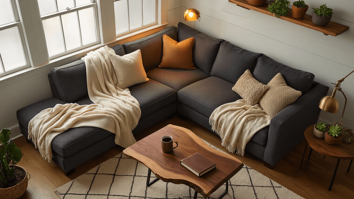 Christmas Gifts That'll Actually Make People Happy in 2026 Cinematic overhead shot of a cozy living room featuring a charcoal sectional sofa with layered cashmere throws, a warm brass lamp, a live-edge walnut table with a steaming mug and book, jade succulents, and honey oak hardwood floors, all bathed in twilight ambiance.