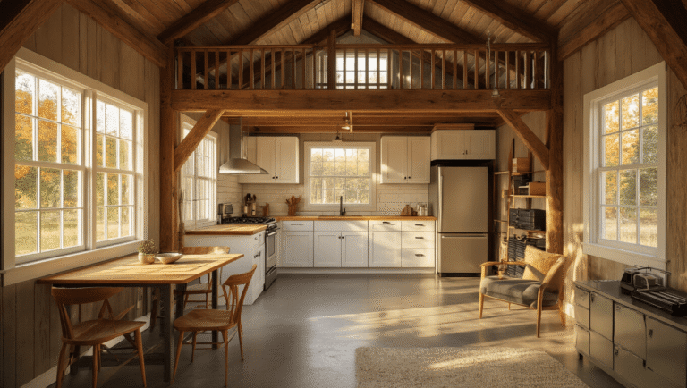 Shed House Living: How I Discovered the Most Affordable Path to Homeownership Cinematic interior of a cozy lofted barn shed house showcasing warm golden hour light, rustic wooden beams, compact galley kitchen with white cabinets, fold-down dining table with Scandinavian chairs, and inviting atmosphere with deep shadows, 4K resolution.